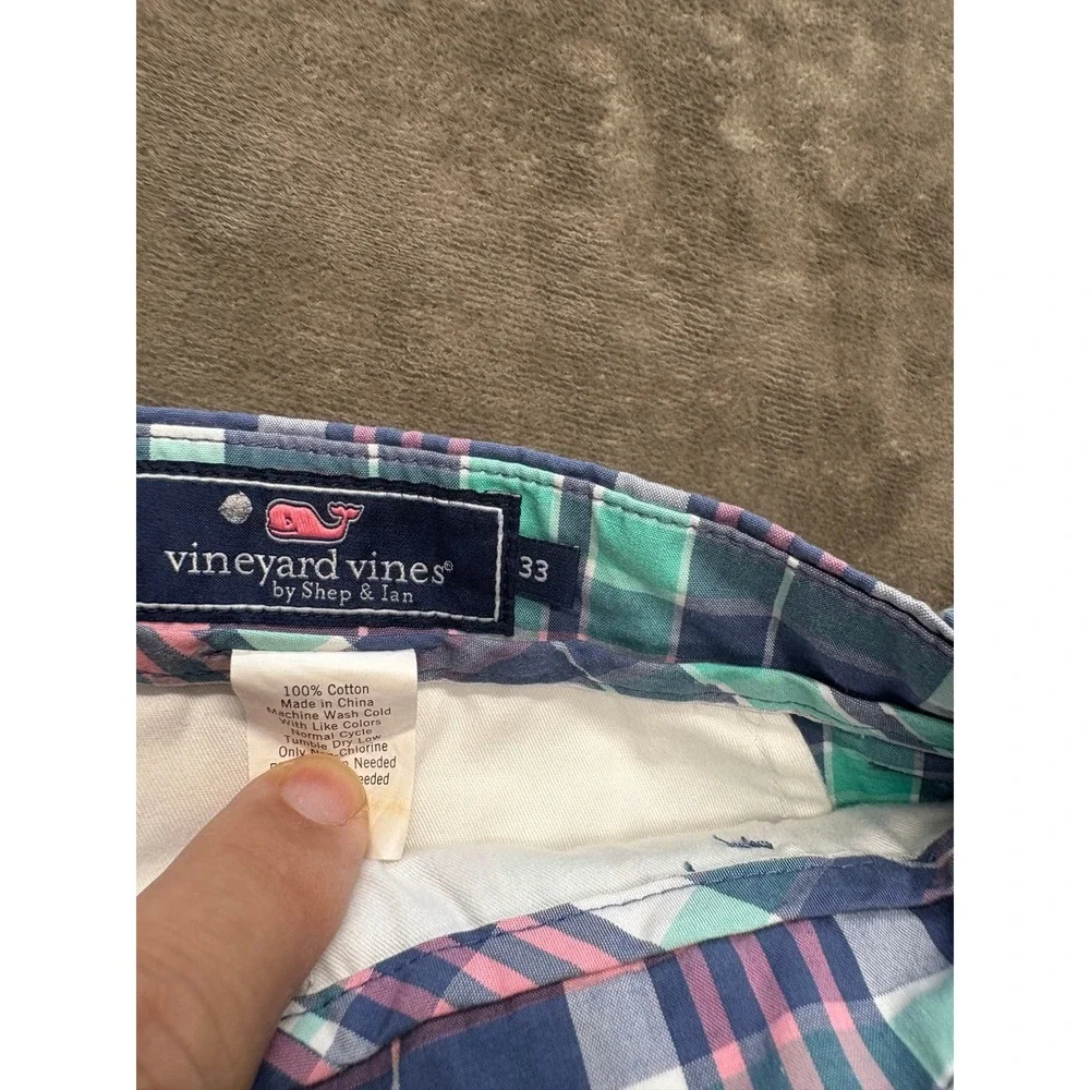 Vineyard Vines Plaid Chino Shorts Mens Size 33 Blue Green Pink Cotton Flat Front